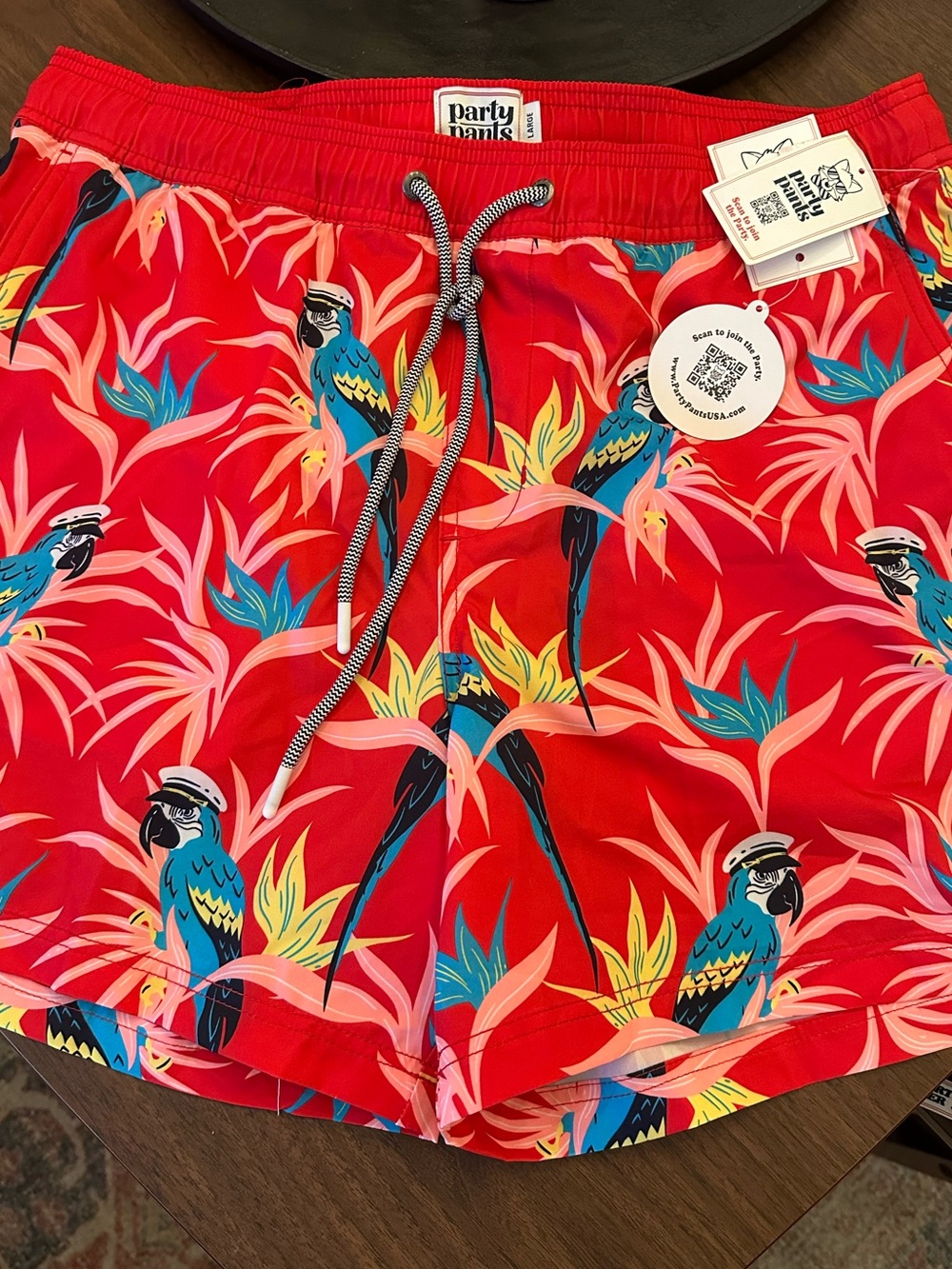 L - Party Pants Men’s Red Tropical Parrot Swim Shorts NWT